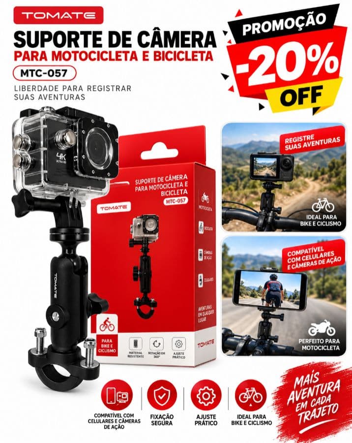 Suporte Barra Guidão Bike Moto 360o Câmera Gopro E Similares